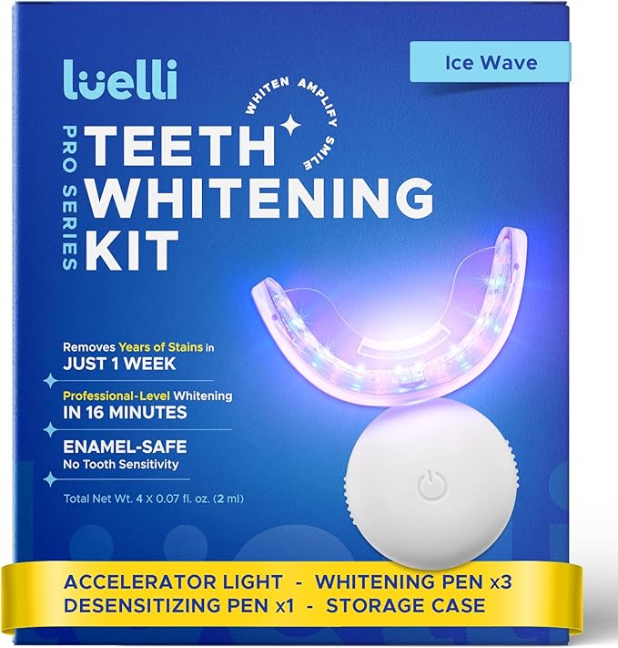 Luelli Teeth Whitening Kit with 35% Carbamide Peroxide - Teeth Whitener for Sensitive Teeth | Enamel Safe - 32 LED Lights - Wireless with Tray and (3) Whitening Gel Pen for Home | Travel (Ice Wave)
