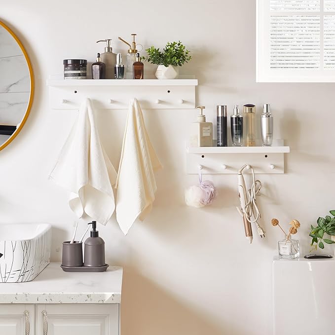 Wood Coat Hook with Wall-Mounted Shelf,23.62in Entryway Wall Hanging Shelf,for Bathroom, Kitchen,Coat Towel Key Organizer White YD-WS0260W