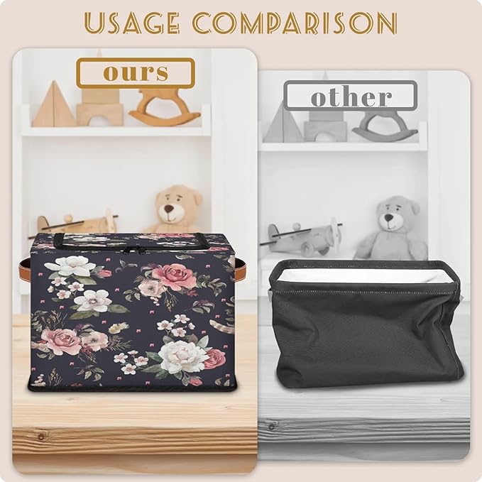 Rectangular Storage Baskets for Shelves - Waterproof Foldable Laundry Basket, Nursery Hamper, Reusable Toy Bin for Organizing Toys, Books, Clothes, Closet 14"x10.2" x10.4" (Flowers)