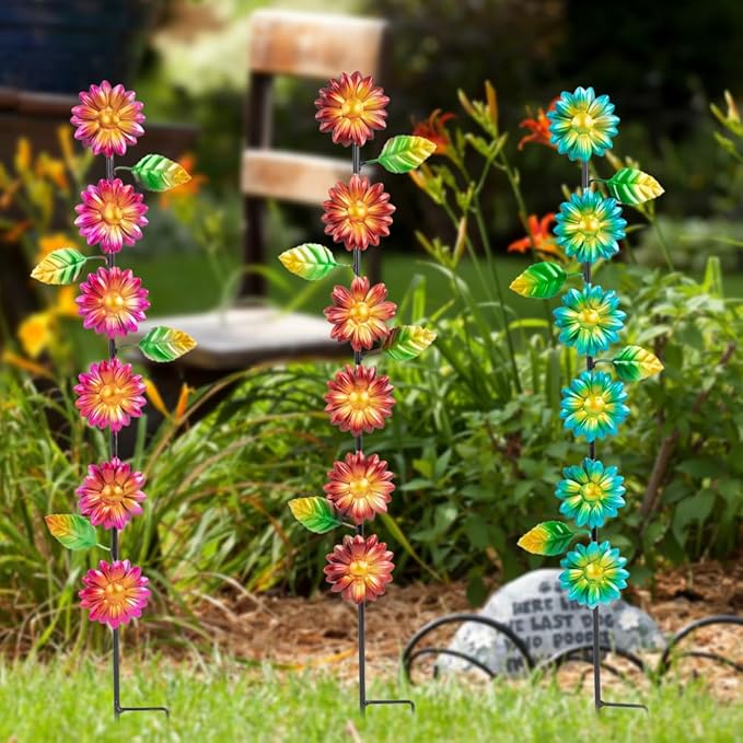 3Pack Flowers Decorative Garden Stakes,Spring Outdoor Metal Flowers Decorations,Metal Yard Art for Outside Patio Porch Decor(22.6 * 5.1IN)