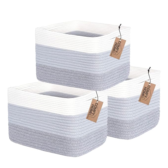 COMFY-HOMI 3PACK Cotton Rope Woven Basket With Handles for Shelves, Toy, Book, Cloth Storage Basket for Organizing|13.5" x 11" x 9.5" Decorative Nursery Cube Bin for Living Room(White / 3-Tone Grey)