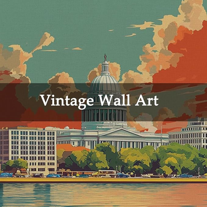 WREVERW Vintage Madison Poster Canvas Print with Wooden Hanger Frame, Featuring the Iconic Wisconsin State Capitol and Lakeside View, Wall Art for Home and Office Decor, 16x23 inches
