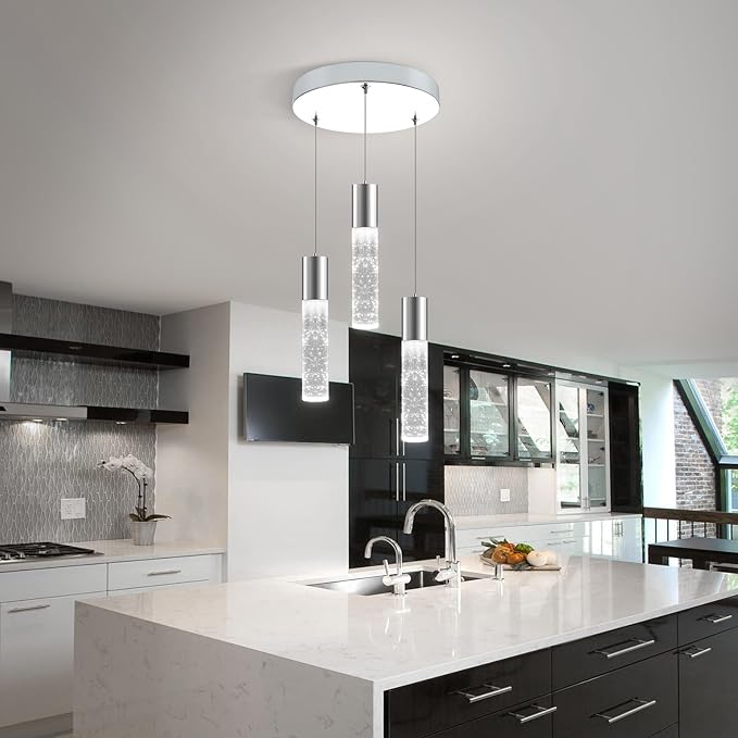 OKELI Smart Dimmable LED 3-Light Pendant Light for Kitchen Island, 18W 1350LM Modern Bubble Crystal Island Light Fixture with TUYA App & Voice Control, Adjustable 3000K-6000K, Electro-Chrome, Round