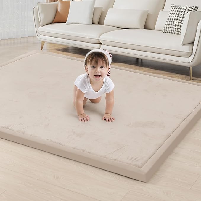 ACOMOPACK Baby Play Mat for Floor 1.3" Thick Memory Foam Play Mat 39"×59" Tummy Time Crawling with Non-Slip Bottom for Living Room,Nursery,Soft Velvet Playpen Mats for Kids,Infants(Beige)