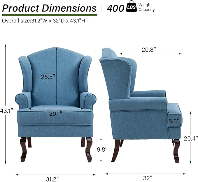 Accent Chair, High Back Upholstered Armchair with High Resilience Sponge & Wood Legs, Mid-Century Modern Comfy Single Sofa Reading Chairs for Living Room, Bedroom (Blue, Set of 2)