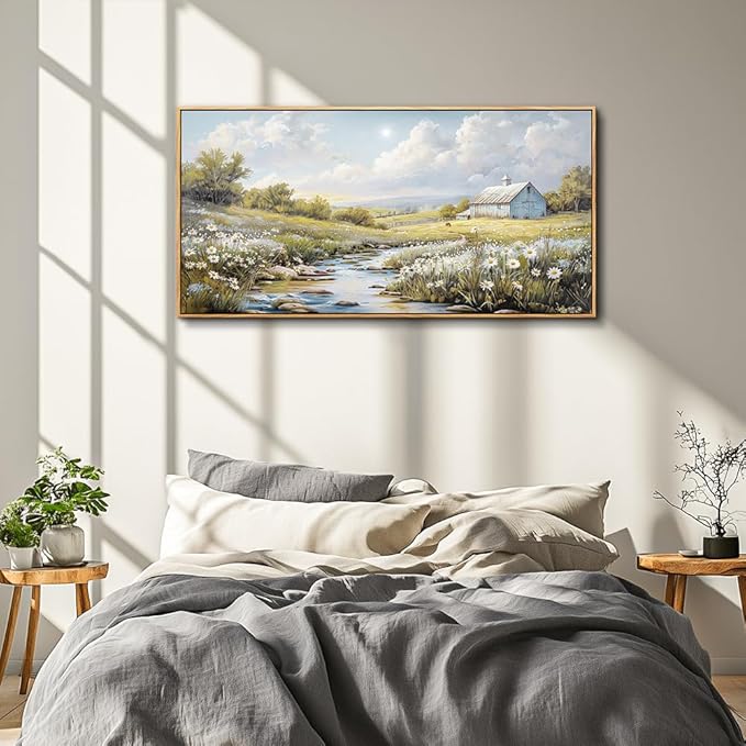 PHAOHUAXM Wall Art For Living Room Large Canvas Wall Decor For Bedroom Flower Watercolour Painting Office Decoration Countryside Scenery Mural Artwork Ready To Hang Home Decor 24x48 In Wood Framed