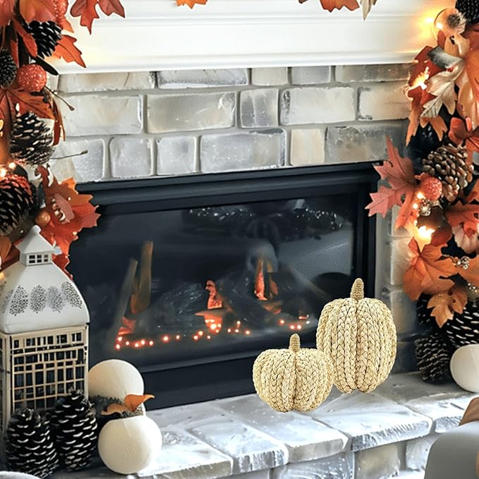 naturevibe 7.5/5.5Inches Braided Cornhusk Pumpkin Decor Set of 2 as Centerpieces for Tables,Natural Corn Stalks Woven Pumpkins for Fall Home Decor,Thanksgiving Decorations or Autumn Harvest Gifts