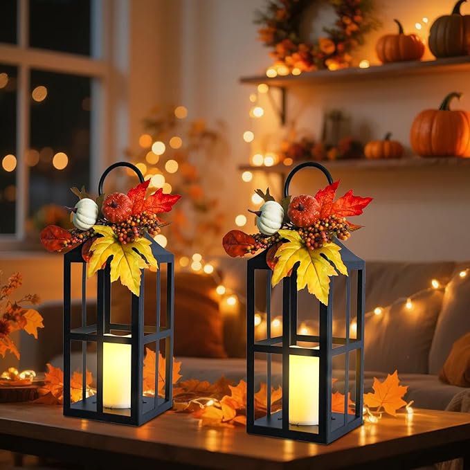 Fall Decorative Lanterns Outdoor, Waterproof 17.7" Decorative Lantern Indoor Decor Metal Hanging Candle Holder LED Flameless Candle Lantern for Patio, Porch, 2 Packs