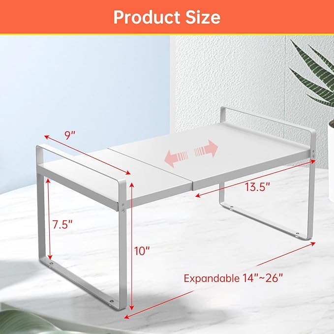 Expandable Cabinet Shelf Organizer Rack 9 inch, Pantry Organizer Lengthen from 14” to 25” , Large Kitchen Cabinet Storage Shelf Rack, Storage Organizer white,Spice Rack Expandable Shelves,