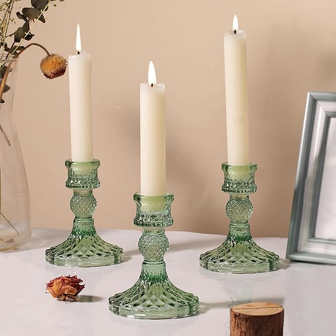 12Pcs Green Candlestick Holders Set- 4" H Taper Candle Holders Bulk, Glass Candle Holders for Wedding, Party, Romantic Dinner Table Centerpieces, Festival Gifts & Windowsill Decor