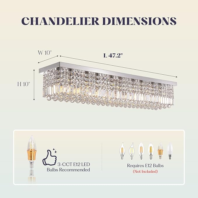 Luxury Lighting Fixture Chandelier Rectangular with Raindrop Crystals Pendant Light Fixture 10-Lights Modern Crystal Rectangle Flush Mount Chandelier for Living Room Dining Room Bar L47 Inch