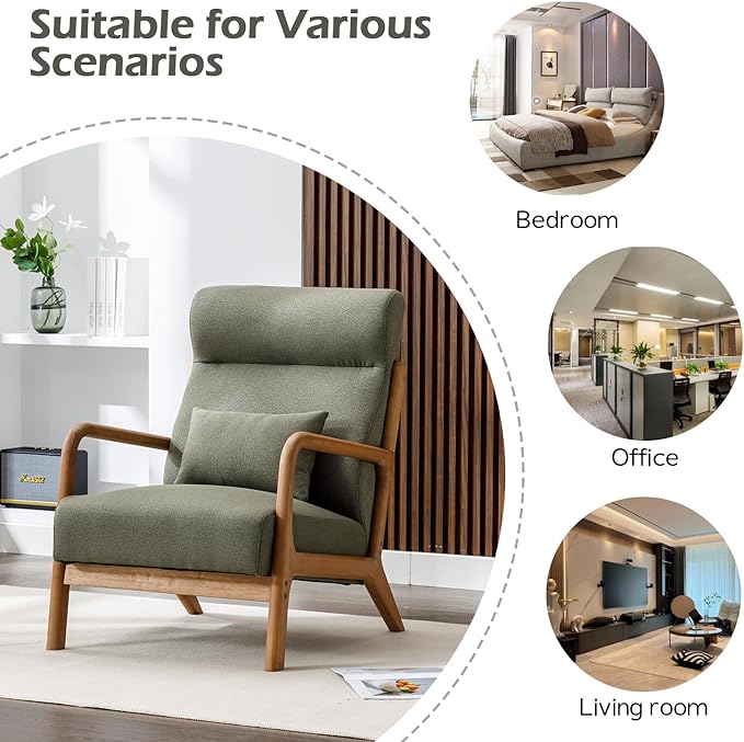 INZOY Mid Century Modern Accent Chair with High Back, Upholstered Living Room Chairs with Waist Cushion, Wood Frame Reading Armchair for Bedroom Sunroom, Green