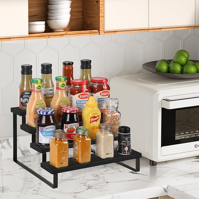 YINMIT Wooden Display Riser Stand, Tiered Perfume and Cologne Organizer Stand, 4 Tier Spice Rack Organizer, Rustic Display Shelf for Candles (4 Tier,Black)