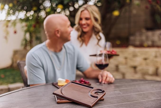 PICNIC TIME Rectangle Wine Appetizer Plates Set of 4, Cocktail Plate with Glass Holder, Cheese Board with Wine Holder, (Stained Parawood)