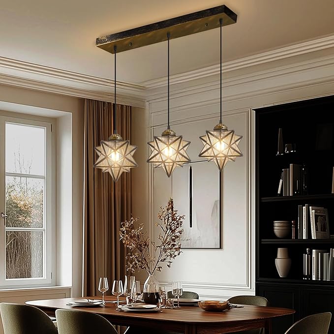 Glam Chandelier 3 Lights Glass Star Pendant Lights for Dining Table Kitchen Island Modern Ceiling Hanging Lights Included LED Warm Light Bulbs Oiled Bronze