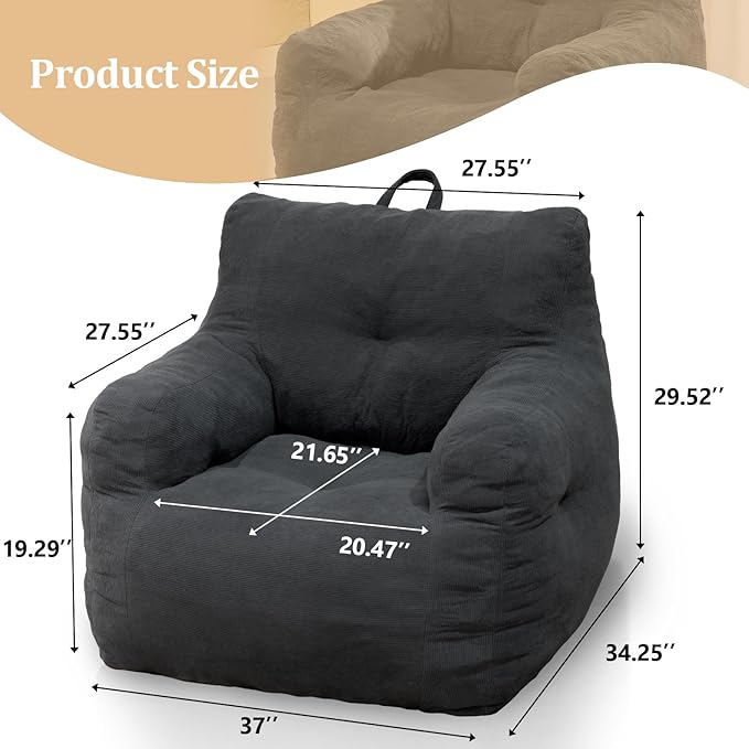 Bean Bag Chair, Bean Bag Chair for Adults, Fluffy and Comfy Bean Bag with Filler, Bean Bag Sofa Chair for Reading, Gaming, Stuffed High-Density Foam, Grey
