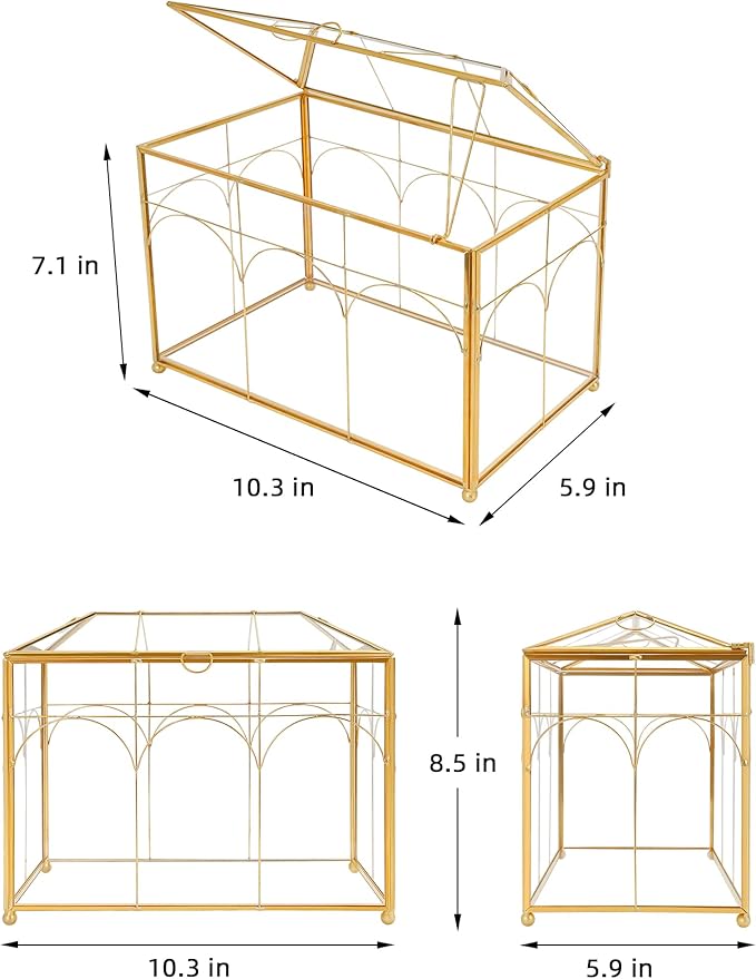 Handmade Glass Planter Terrarium with Lid, Indoor Tabletop Centerpiece Display Box Modern Decor DIY Gift Plant Terrarium Container for Succulent Cacti Air Plants Flower (Gold)