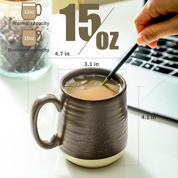 Hasense Coffee Cups Set of 6, 15 oz Stoneware Coffee Mugs with Big Handles, Modern Tea Cup for Indoor and Outdoor for Cocoa, Milk, Tea, Hot Chocolate, Soup, Valentine's Day Gifts, Brown