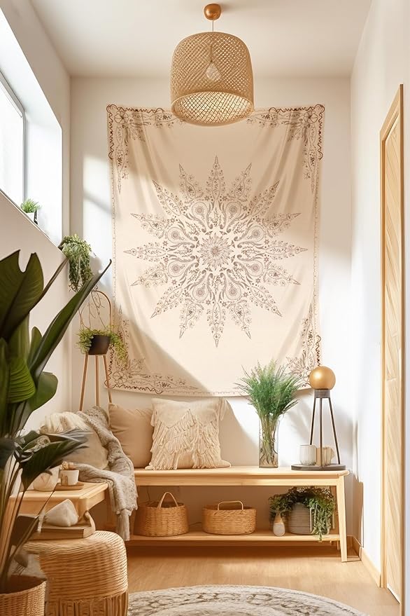 Damanse Floral Tapestry Wall Hanging Cute,Boho Wall Tapestry for Bedroom Aesthetic,Mandala Living Room Decor for Teen Girls (Flaxen, 49.20" x 59.10")