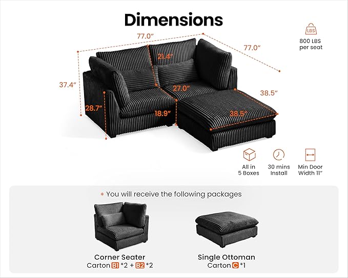 Oversized Modular Sofa, Extra Deep Cloud Corduroy Sectional Couch with Ottoman Chaise, Fluffy Chenille Loveseat L Sofa for Living Room, Villa (Loveseat+Ottoman, Corduroy Black)
