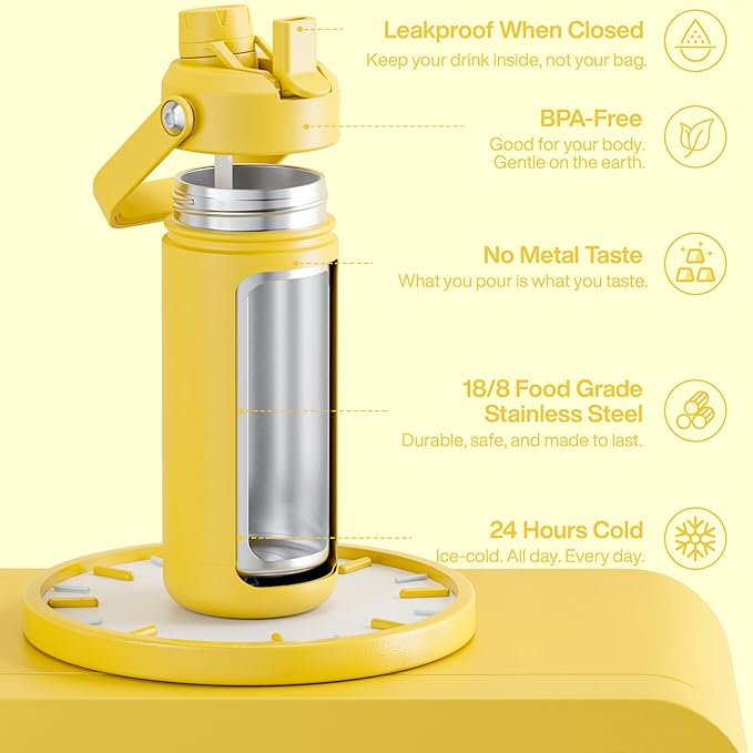 Insulated Water Bottle with Straw Stainless Steel Water Bottle, Leak-Proof, BPA-Free, Double Wall Vacuum Keeps Cold for 24 Hours for Sports, Travel, School (18 oz, Elfin Yellow)