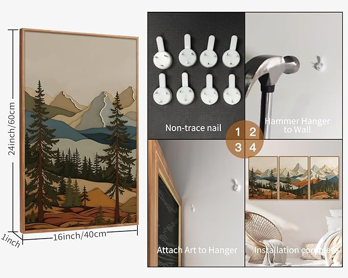 SIGNINART Vintage Mountains Framed Canvas Wall Art, Wooden Forest Wall Decor, Green Wood Pine Trees Wilderness Artwork, Metal Ridge Landscape Art Paintings for Living Room Bedroom Office 16"x24"x3