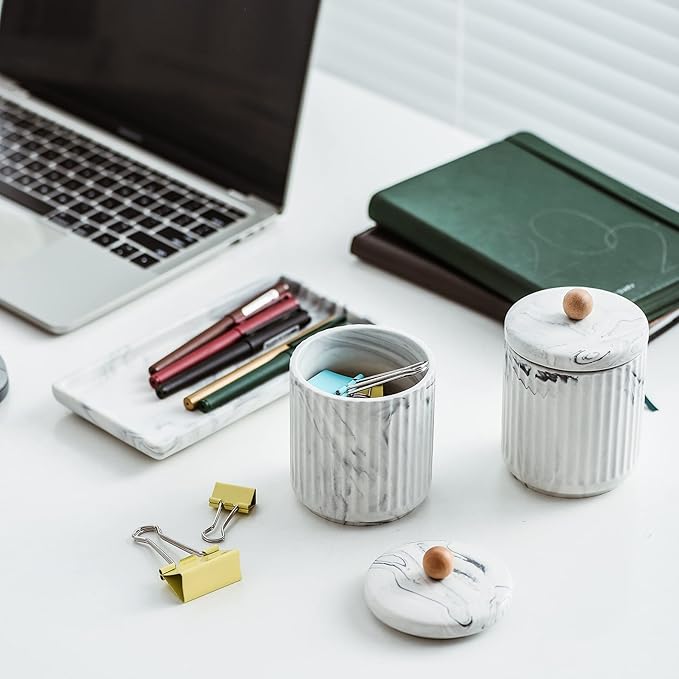 Marble Small Bathroom Jar Set ,Ceramic Cotton Swabs Holder with Lid and Dresser Organizer Set Tray for Storage and Organizing in Bathroom, Dresser, Kitchen, Office