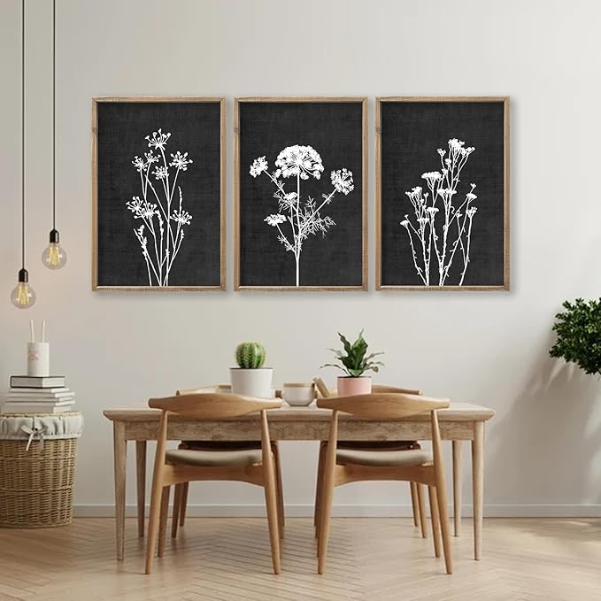 Flower Plant Wall Art Decor 24"x16" Set of 3 Black And White Botanical Painting Wood Framed For Minimalist Bedroom Office Rustic Living Room Abstract Wildflower Sign Hanging (Wood Black)