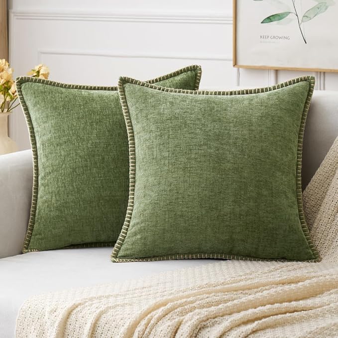 MIULEE Pack of 2 Couch Throw Pillow Covers 22x22 Inch Sage Green Farmhouse Decorative Pillow Covers with Stitched Edge Soft Chenille Solid Dyed Spring Pillow Covers for Sofa Bed Living Room