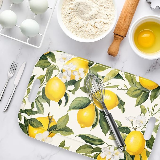 Serving Trays with Handles, 14.5 x 9.8 inch Rectangular Plastic Tray for Restaurant, Kitchen, Lemon and Lemon