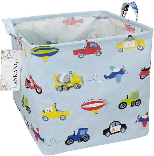 FANKANG Square Nursery Hamper Storage Bins Canvas Laundry Basket Foldable with Waterproof PE Coating Storage Baskets Gift Baskets for Children, Office, Bedroom, Clothes(Square-Car )