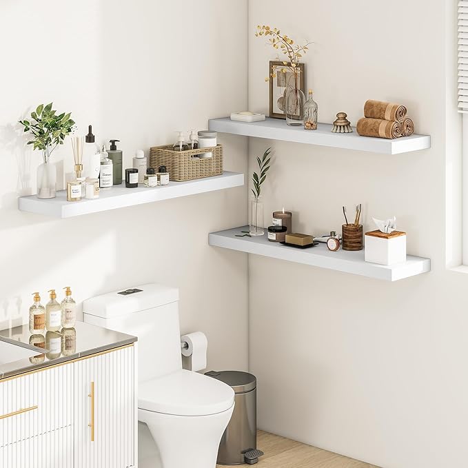 White Floating Shelves for Wall, 36 Inch X 12 Deep Shelves for Room Wall Mounted,2" Thick Heavy Duty Holds 65lbs Floating Shelf for Bedroom Bathroom Kitchen Laundry Room, Set of 2