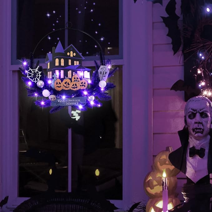 Lighted Halloween Wreaths for Front Door, Welcome Metal Wooden Door Wreath Decor Hanging Sign, 30 LED Lighted Wall Decor Battery Operated for Halloween Indoor Outdoor (Pumpkin)