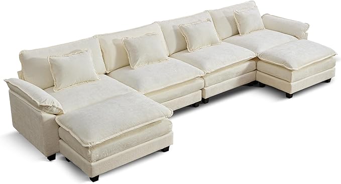 URRED Modular Sectional Sofa Comfy Cloud Couch, Modern Chenille Sofa Sleeper Deep Seat Couches with Ottoman/Pillows for Living Room (White, 154'' - U Shape)