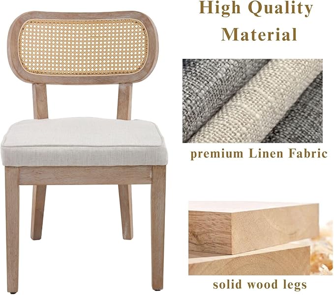 Rattan Dining Chairs Set of 2, Linen Fabric Farmhouse Dining Room Chairs with Cane Back Curved Backrest Kitchen Chairs Rustic Armless Side Chairs for Dining/Living Room/Restaurant, Beige