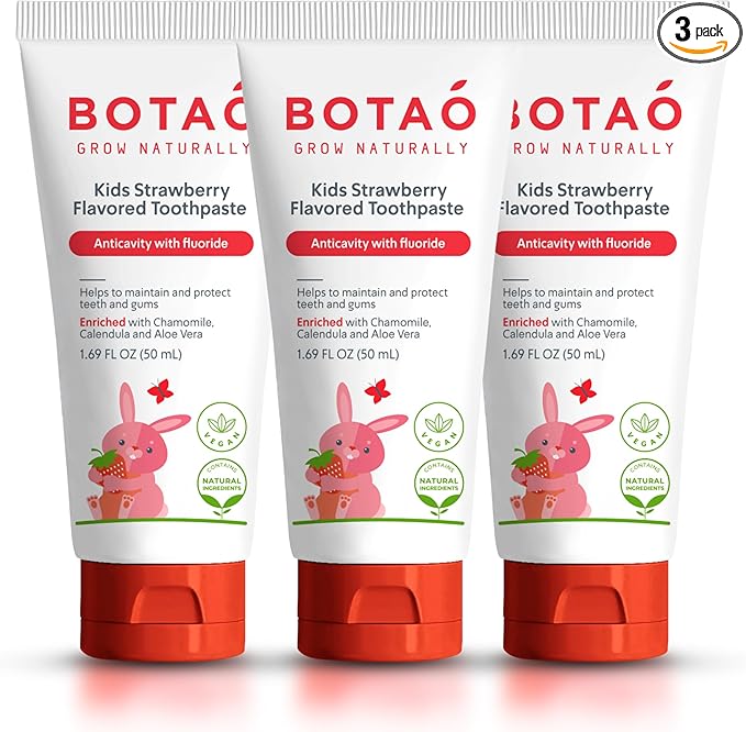 Kids Toothpaste | Natural Strawberry Flavored Anticavity Fluoride Toothpaste Maximum Cavity Protection| EWG Verified, Vegan, SLS Free, Safe to Swallow, Aloe Vera (3Pack)