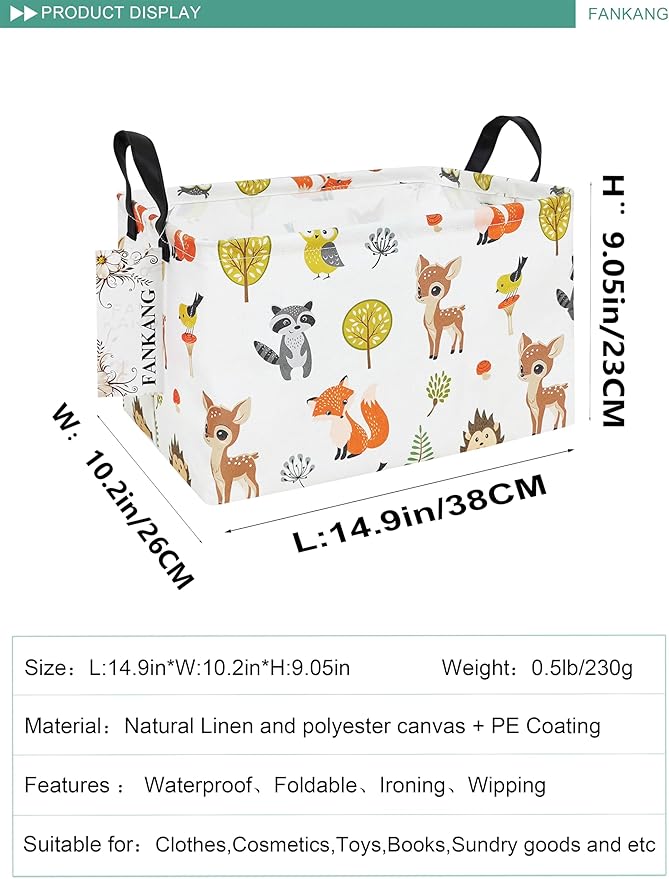 FANKANG Storage Bins, Nursery Hamper Canvas Laundry Basket Foldable with Waterproof PE Coating Large Storage Baskets for Kids Boys and Girls, Office, Bedroom, Clothes,Toys(Rec-deer)