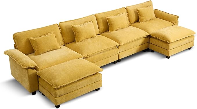 URRED Modular Sectional Sofa Comfy Cloud Couch, Modern Chenille Sofa Sleeper Deep Seat Couches with Ottoman/Pillows for Living Room (Yellow, 154'' - U Shape)