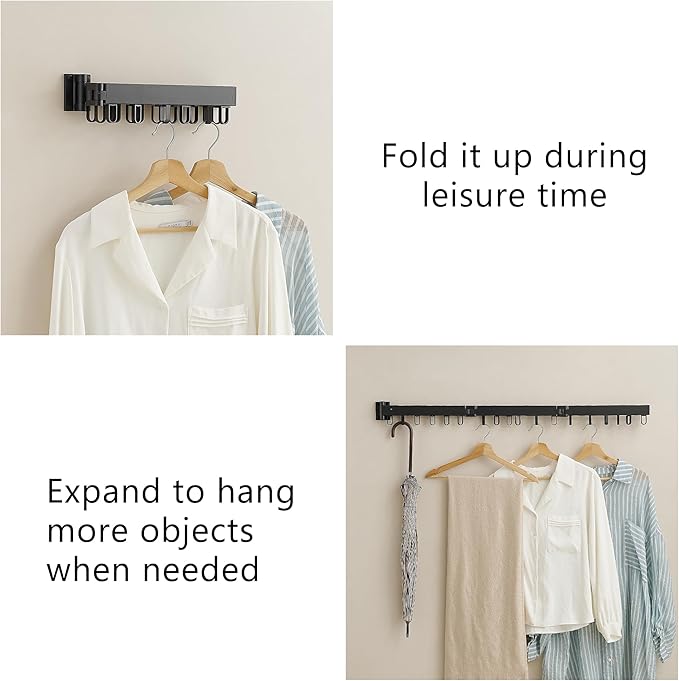 Clothes Drying Rack Wall Mounted, Laundry Drying Rack Collapsible, Space Saving Wall Drying Rack Clothing Foldable, Tri-Fold Retractable Rack Outdoor Indoor with 18 Hooks(Black,Loop-Shape Hooks)