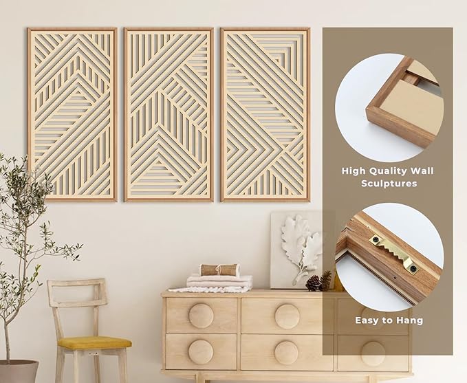 IARTTOP 3 Pieces Wood Boho Wall Art Framed Mid century Modern Wooden Wall Decor Large Minimalist Geometric Line Decor for Living Room Bedroom Office-16 x32