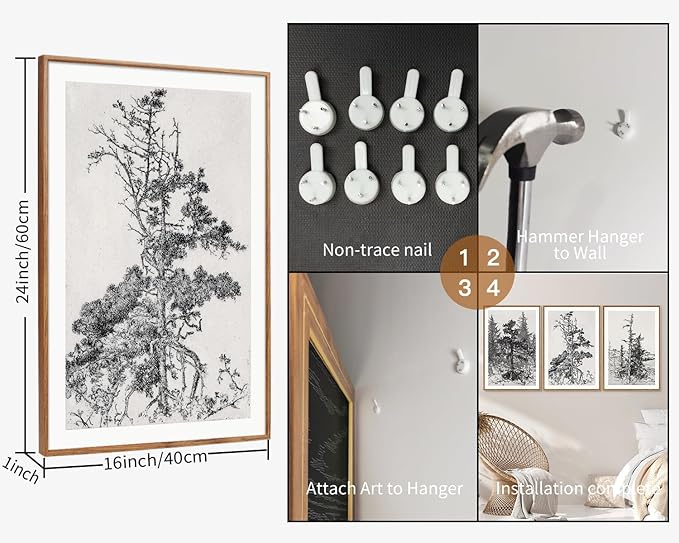 SIGNINART Vintage Tree Framed Wall Art Set , Black and White Antique Sketchbook Forest Painting, Wilderness Illustration Art Print , Retro Pine Tree Landscape Drawing Wall Decor for Living Room, Bedroom, Office (16"x24"x3)