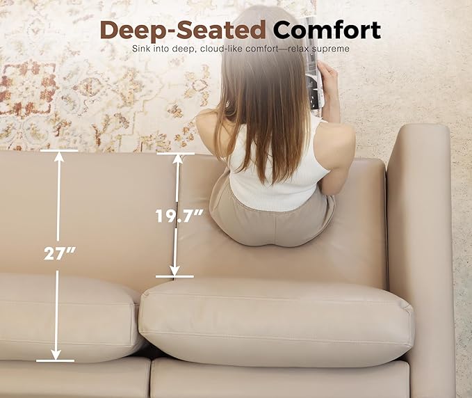 91.5" Faux Leather Modular Sectional Sofa, L Shaped Couch Set for Living Room, 3-Seater Comfy Cloud Couches with Movable Storage Ottoman,DIY Combination - Whitesand
