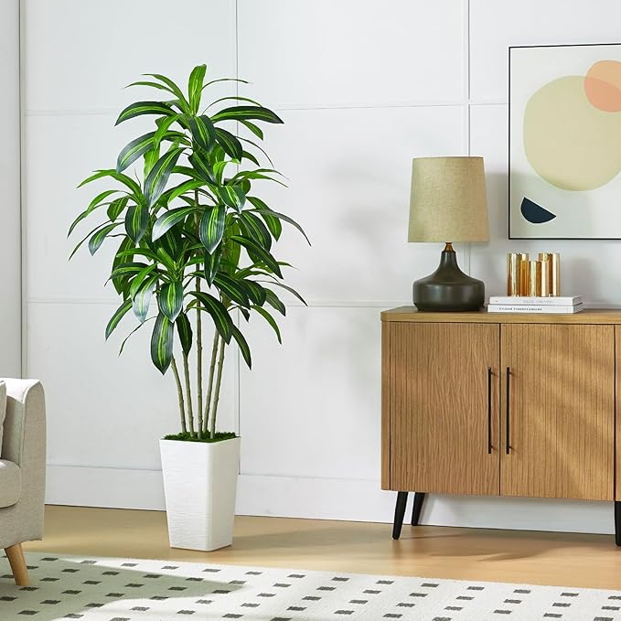 Artificial Dracaena Tree Artificial Silk Tree Faux Tree with White Tall Planter Fake Tropical Yucca Floor Plant (1, White Tall Planter, 6 FT)