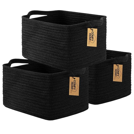 COMFY-HOMI 3PACK Cotton Rope Woven Basket With Handles for Shelves, Toy, Book, Cloth Storage Basket for Organizing|13.5" x 11" x 9.5" Decorative Nursery Cube Bin for Living Room(all Black)