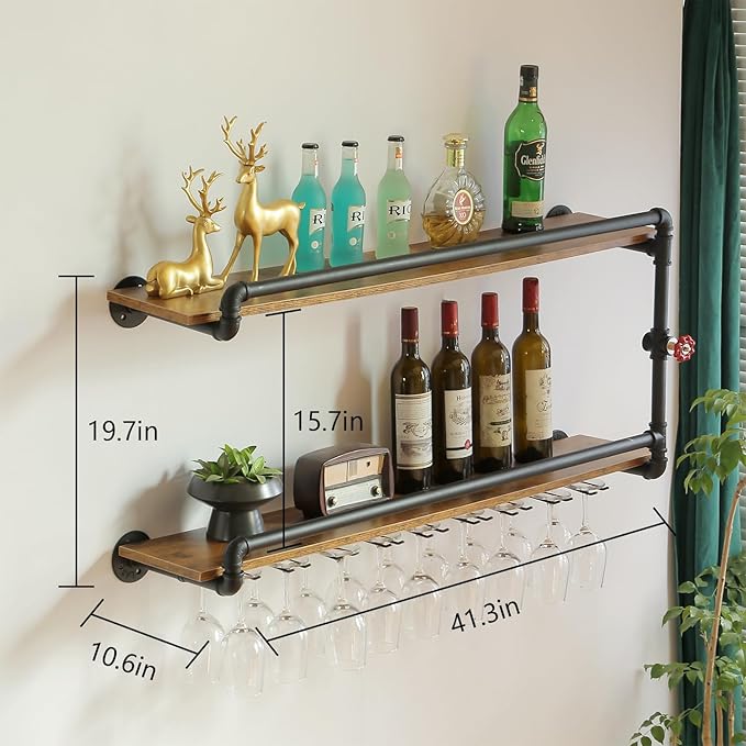 41 Inch Wine Rack Wall Mounted 2 Tier, Hanging Floating Bar Liquor Shelves with Glass Holder Storage Under, Industrial Rustic Pipe Farmhouse Kitchen Decor Black