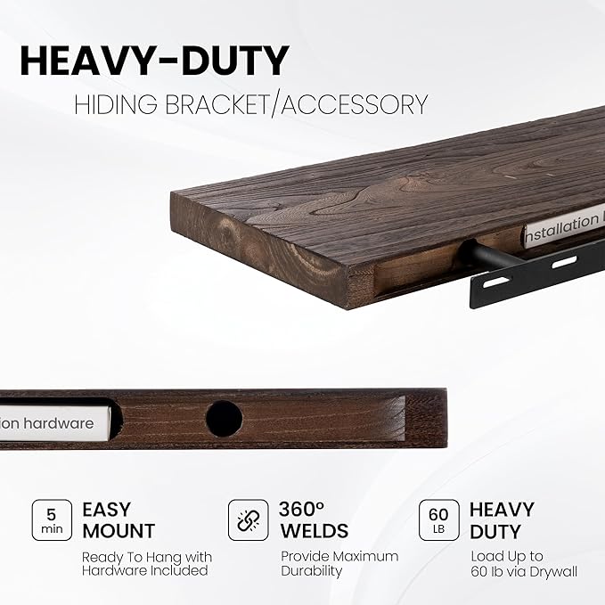 Fun Memories Solid Elm Wood Floating Shelves, 42 Inch Floating Shelves for Wall, Rustic Wooden Shelf Wall Mounted with Invisible Heavy-Duty Bracket for Books, Bathroom, Kitchen, Walnut Finish