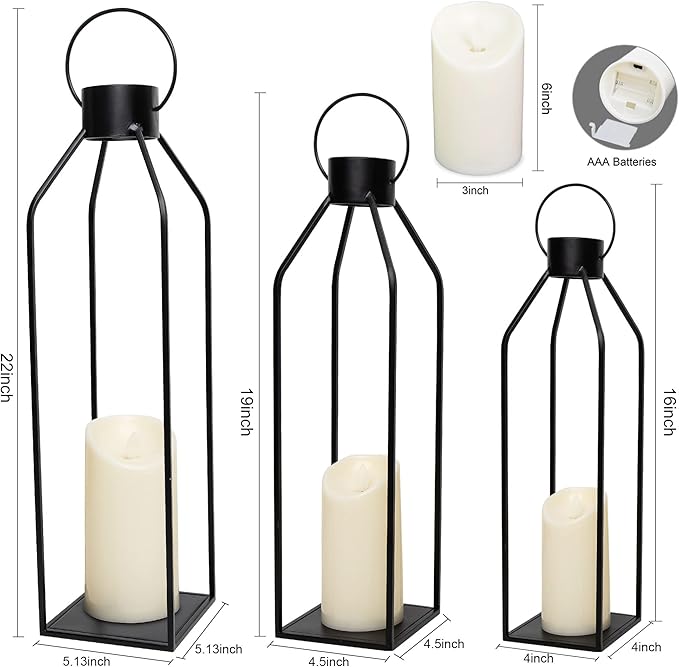 HPC Decor 22'' 19'' 16'' Lanterns Decorative w/Flickering Timer Candles- Tall Large Black Metal Candle Lanterns Set of 3- Modern Farmhouse Decor for Indoor,Outdoor,Tabletop,Porch (No Glass)