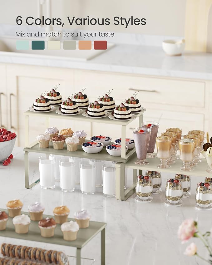 SONGMICS Cabinet Organizer Shelf, Set of 2 Kitchen Counter Shelves, Kitchen Storage, Spice Rack, Stackable, Expandable, Metal and Engineered Wood, Cream White UKCS200W02