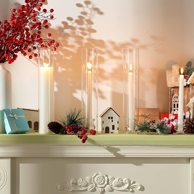 60 Set Christmas Glass Hurricane Candle Holders 12.6" Open Ended Glass Candleholder Tube Shape Bottomless and 2.2" Taper Clear Candlestick Holders for Wedding Party Table Centerpiece (Clear)