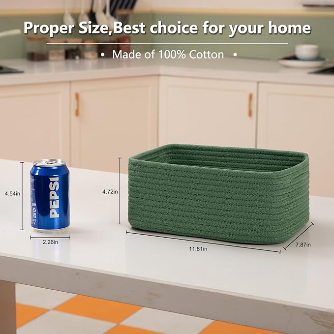 4 Pack Small Storage Shelf Baskets for Organizing, Mini Woven Rope Storage Bins for Towels, Cute Decorative Closet Organizer,Baby Nursery, Gift Empty Baskets -11.81''Lx7.87''Wx4.72''H-Green